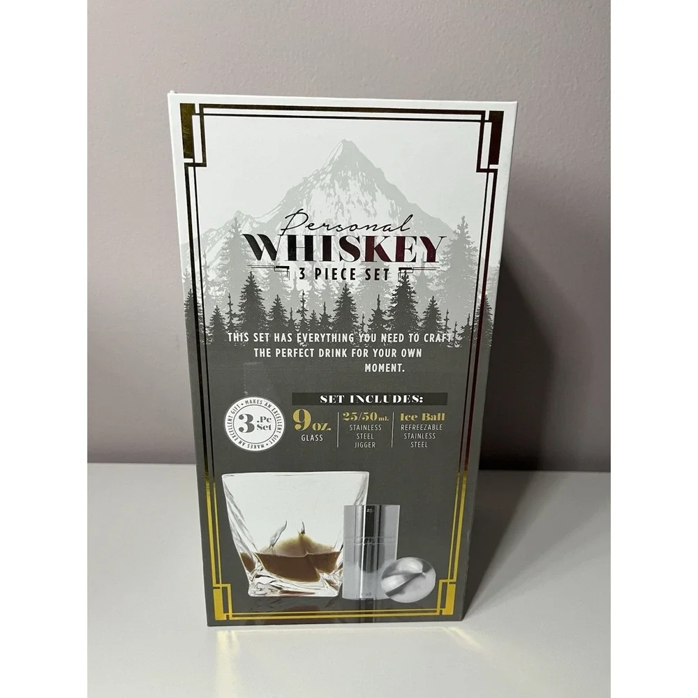 Personal Whiskey 3 Piece Gift Set Glass, Jigger, Ice Ball Barware Whiskey Lover
